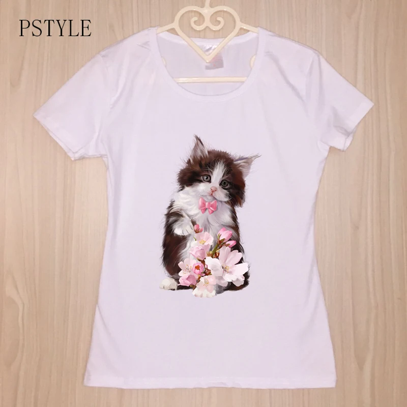 Kawaii/Милая женская футболка с принтом кота летние женские футболки коротким