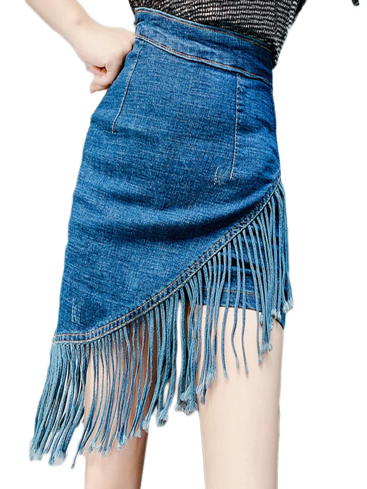 Новинка 2019 Джинсовая юбка с бахромой облегающая на бедрах для девушек джинсы