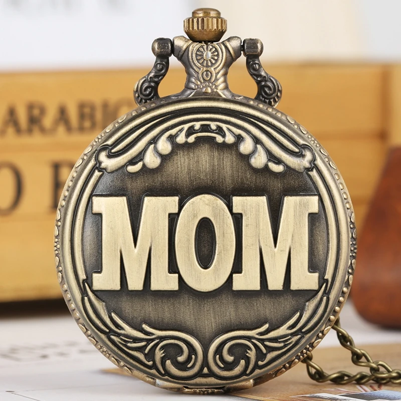 

Retro Bronze Big MOM Letter Quartz Pocket Watch Necklace Pendant Family Souvenir Gifts for Mom Mama on Mother's Birthday Day