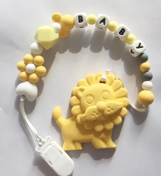 yellow- lion Персонализированные Имя силиконовый прорезывающий сосок зажимы с жирафом Силиконовые Прорезыватели пустышки цепи для детские игрушки-жвачки - Цвет: yellow- lion