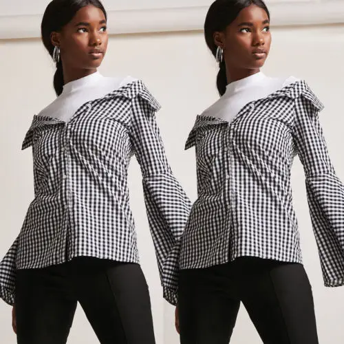 

arrival Women Plaid Off Shoulder Blouse Tops Flared Long Sleeve Buttons Down Shirt
