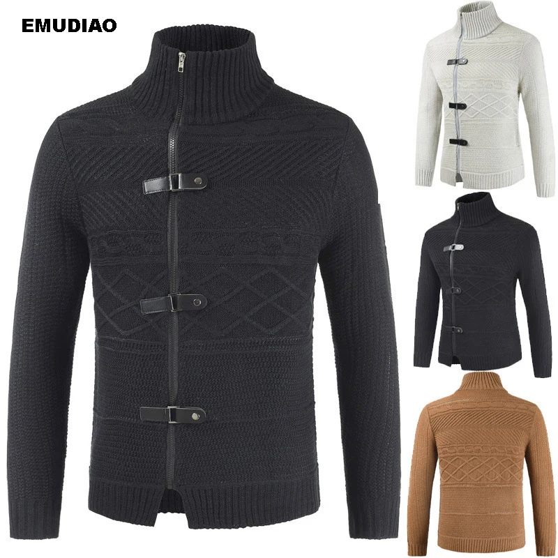 Мужской вязаный кардиган на молнии с длинным рукавом и высоким воротником