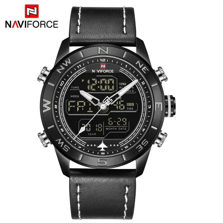 BLACK BLACK NAVIFORCE, повседневные спортивные кварцевые часы для мужчин, двойной дисплей, календарь, многофункциональные аналоговые цифровые мужские часы, Топ бренд, роскошные часы - Цвет: BLACK BLACK