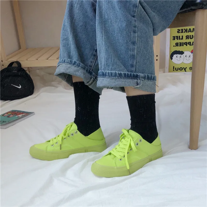 women canvas shoes fluorescent green girls pink sneakers cloth shoe spring autumn solid color lace up low up white trainer 35-40