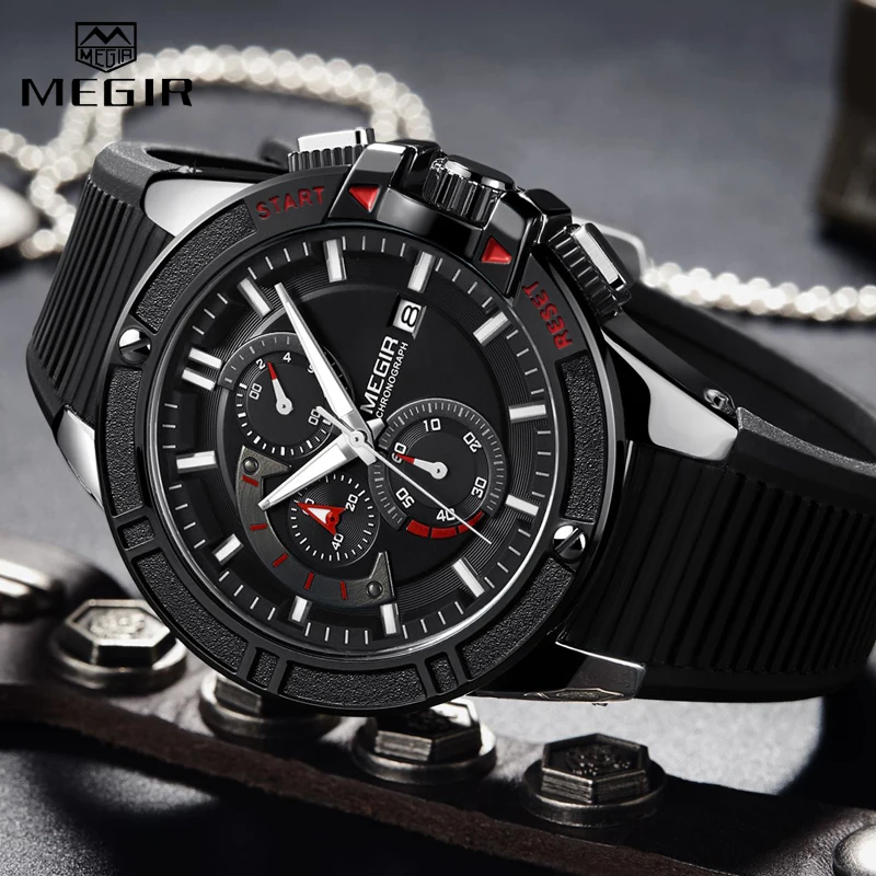 Relogio Masculino, мужские спортивные часы MEGIR, военные часы с силиконовым хронографом, кварцевые мужские часы, мужские повседневные водонепроницаемые наручные часы с датой