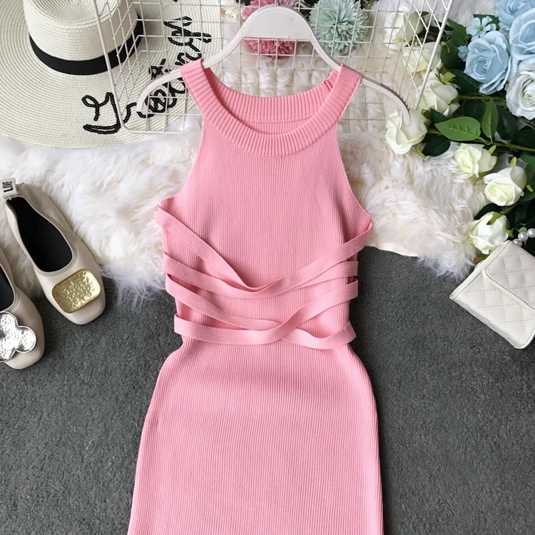 YornMona Korean Style Women Bandage Bodycon Dress Summer Split Knitted Party Dresses Elegant Halter Ladies Long Maxi Dres