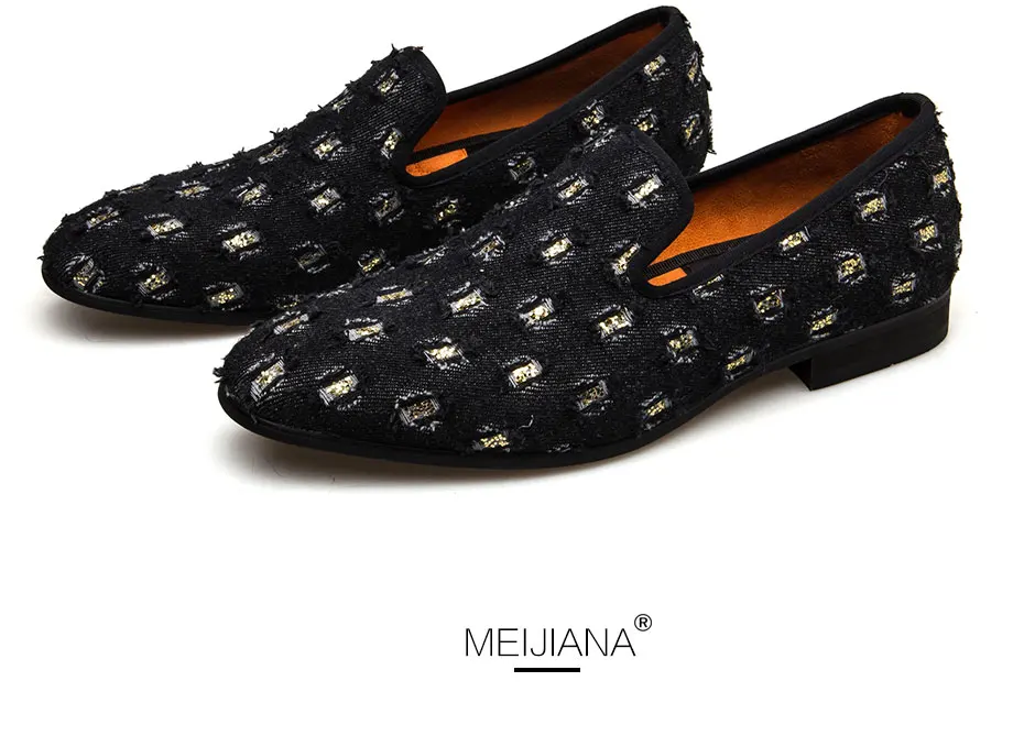MEIJIANA/Новинка года; Брендовые мужские лоферы; Роскошная обувь из джинсовой ткани с металлическими блестками; высококачественная повседневная мужская обувь