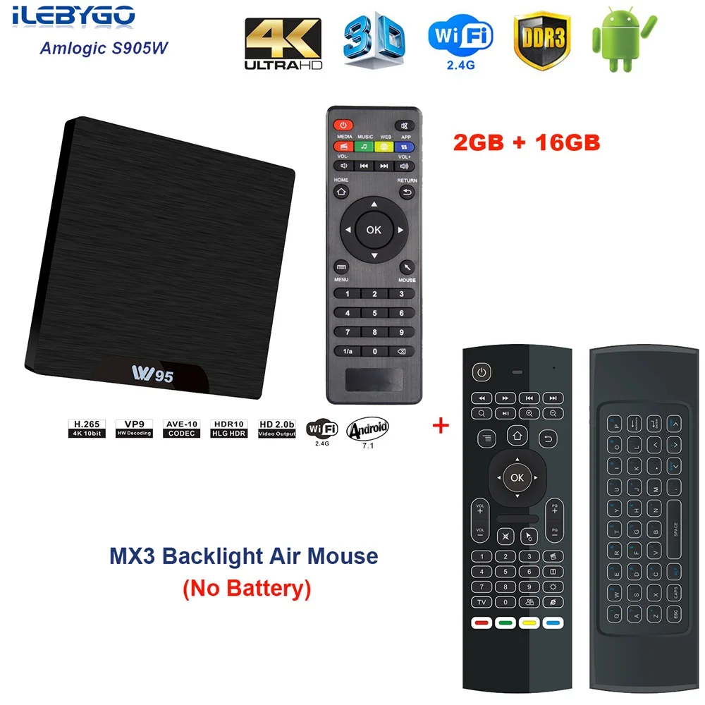 2GB 16GB MX3 Ilebygo W95 Android 7,1 ТВ приставка Amlogic S905W четырехъядерный 2 Гб 16B телеприставка 2,4G Wifi HD2.0 3D H.265 4K медиаплеер PK X96 mini - Цвет: 2GB 16GB MX3