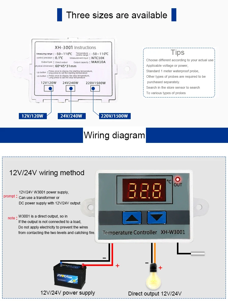 XH-W3001 W3001 Температура контроллер цифровой светодиодный 12 24 110-220 V термометр Thermo коммутатор контроллера зонд Max 10A NTC10K