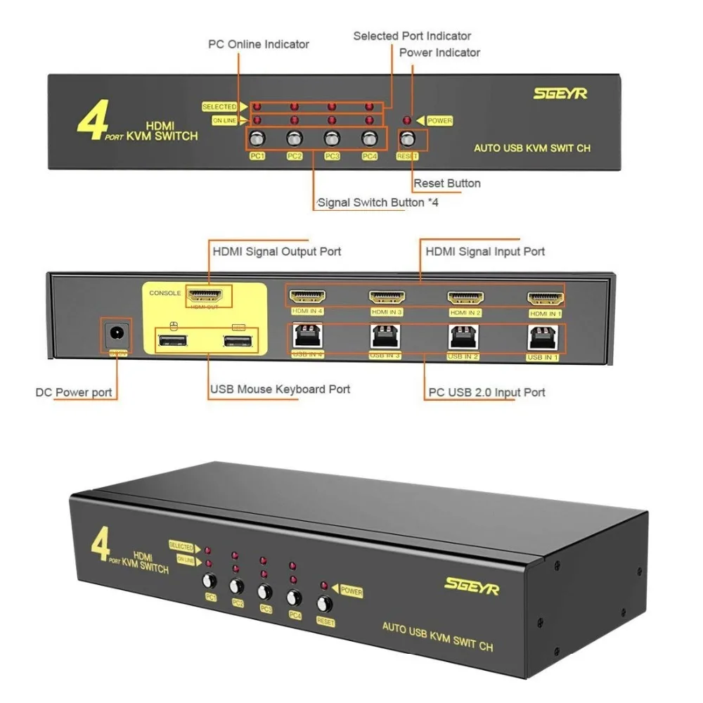 SGEYR HDMI KVM переключатель 4x1 4 порта USB 2 0 в 1 выход коммутатор клавиатура мышь