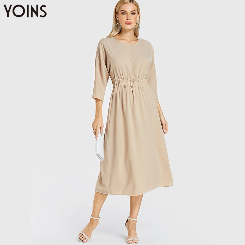 YOINS 2019 лето осень новое женское платье винтажное средней длины с круглым вырезом