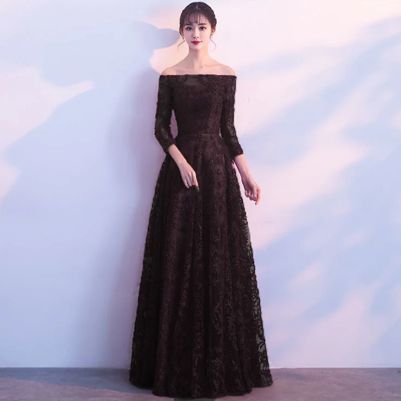 Аппликации Slash шеи 2018 Новый Для женщин элегантные длинные платья вечерние