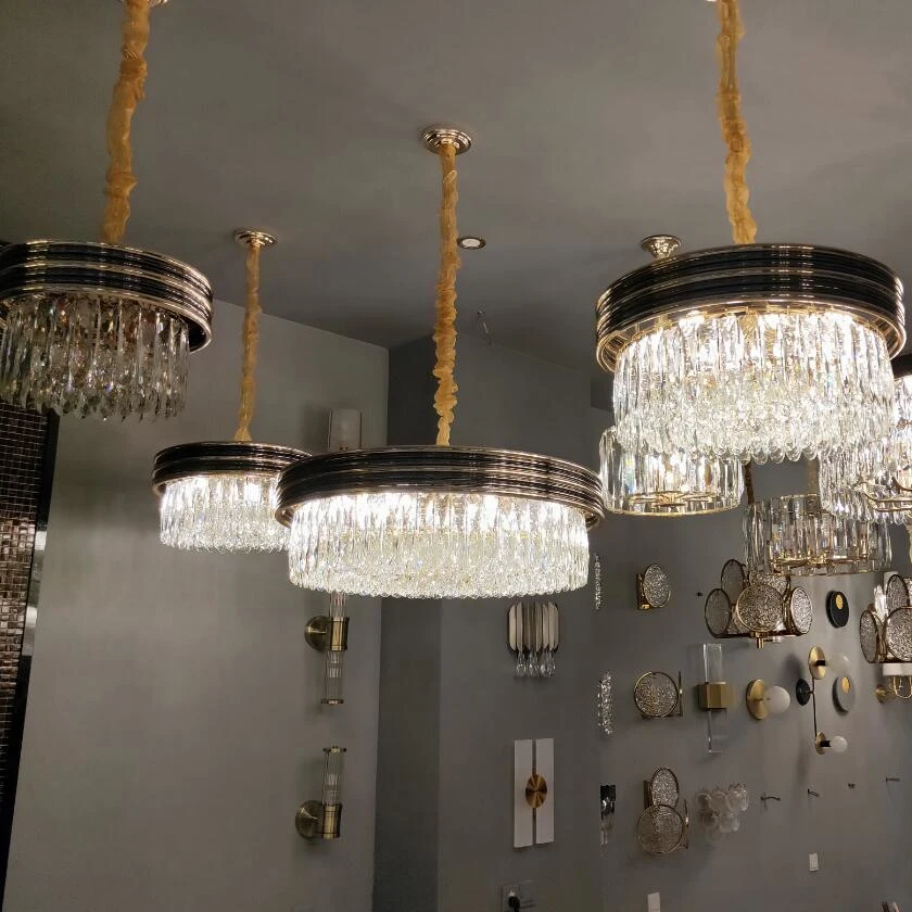 Living room crystal chandelier luxury modern round black plus gold American new LED restaurant bedroom lamps