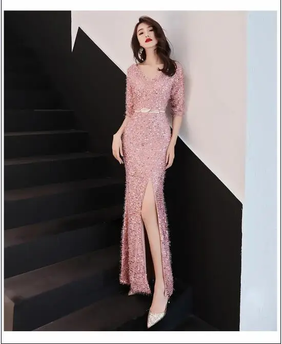 

2019 New Fashion Shining Banquet Dignified Atmospheric Dinner Annual Meeting Host Noble Sexy Slim Long Section Dress