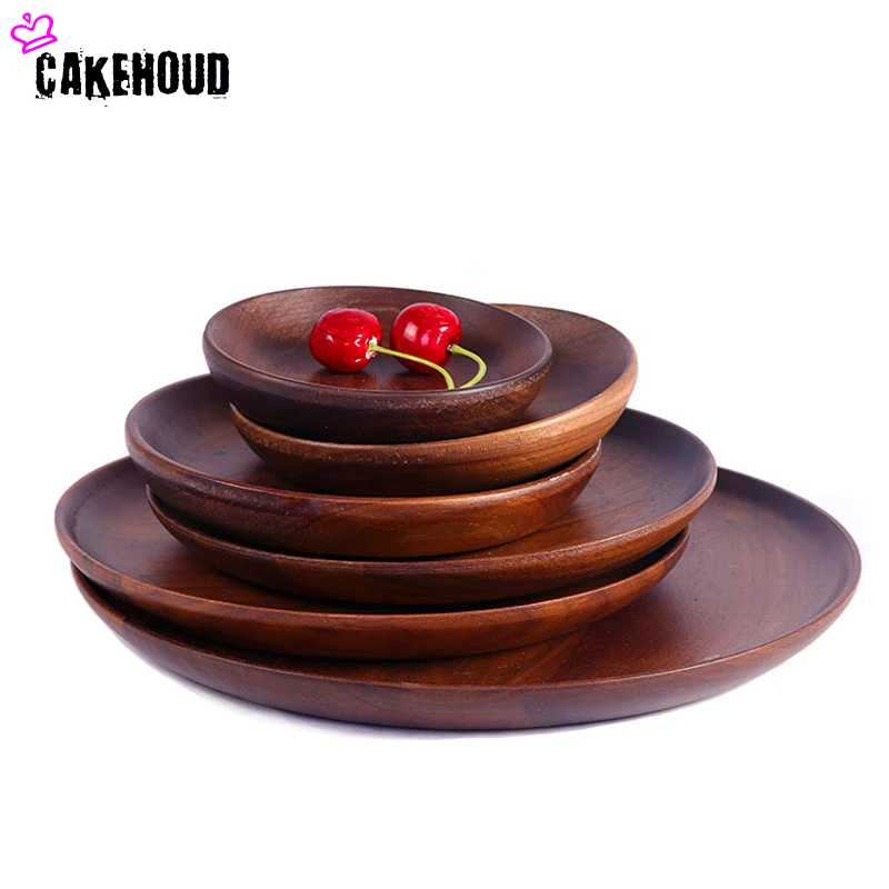 High Quality Black Walnut Round Wooden Western Dish Pizza Plates Coffee Dim Sum Dishes Restaurants Family Kitchen Tableware Set