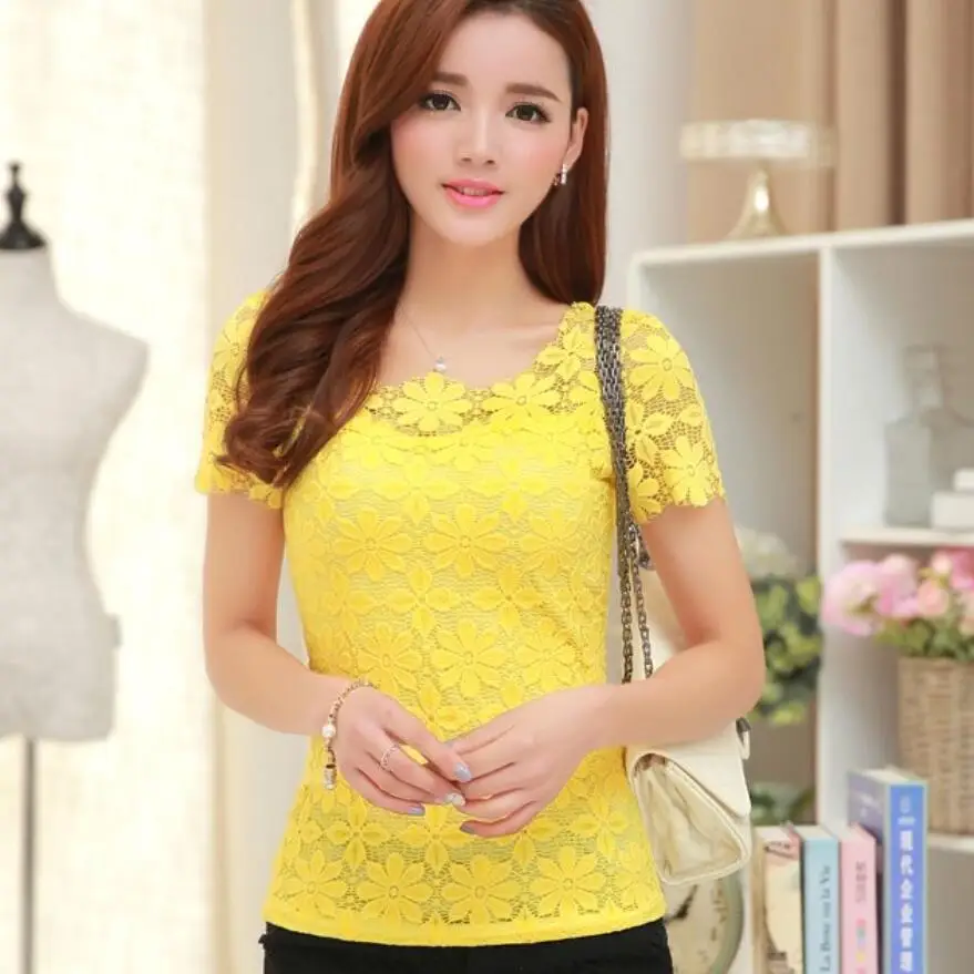 Кружевная рубашка размера плюс, женская одежда, Blusas Femininas, рубашки, модные женские топы с коротким рукавом, женская вязаная футболка, Топ 5XL - Цвет: Цвет: желтый