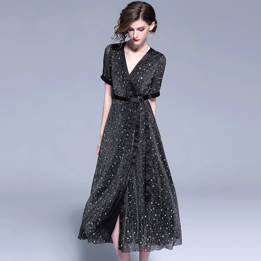 2019 Spring Fashion Long Dresses Women Short Sleeve V-Neck Star Print Vintage Wrap Casual Dress Elegant A-Line Vestidos De Festa | Женская