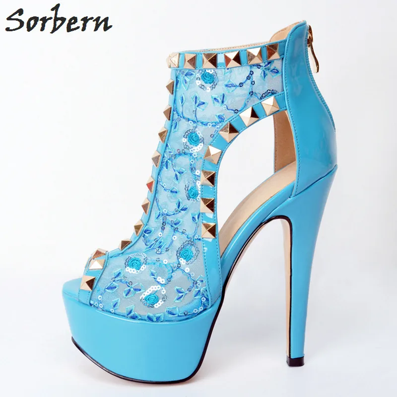 

Sorbern Light Blue Lace Women Pumps Plus Size Rivets Peep Toe Zipper High Heels Ladies High Heel Shoes Sexy Woman Platform P