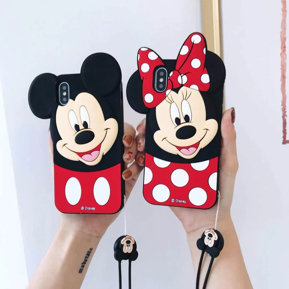 HAIANGUO Cute 3D Cartoon Minnie Mickey Mouse Soft Silicone Case For iPhone 6 6s 6S Plus 7 8 5s X Back Cover with Lanyard |