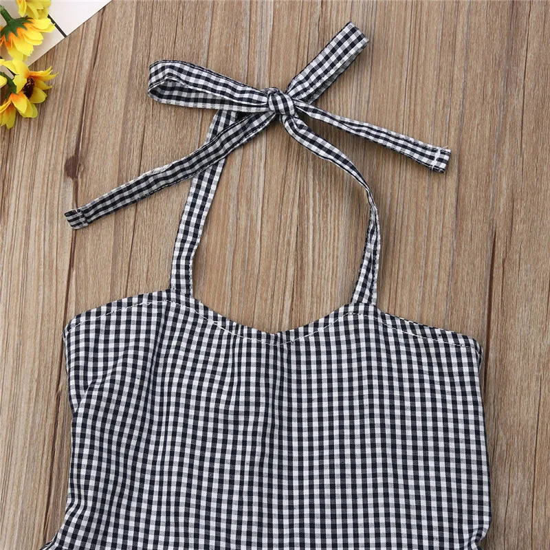 2pcs Fashion Plaid Outfits Baby Girls Halter Neck Crop Tops Denim Short Pants Summer 2019 Brand Toddler Kids Clothing Sets | Детская
