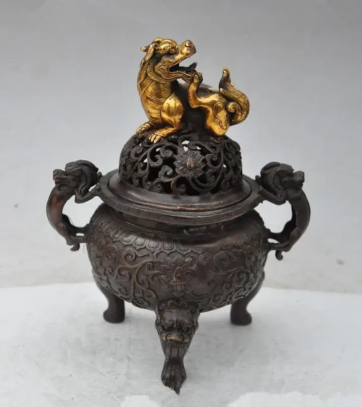 

19.5 cm * / china bronze gilt foo dog lion beast satue incense burner Censer