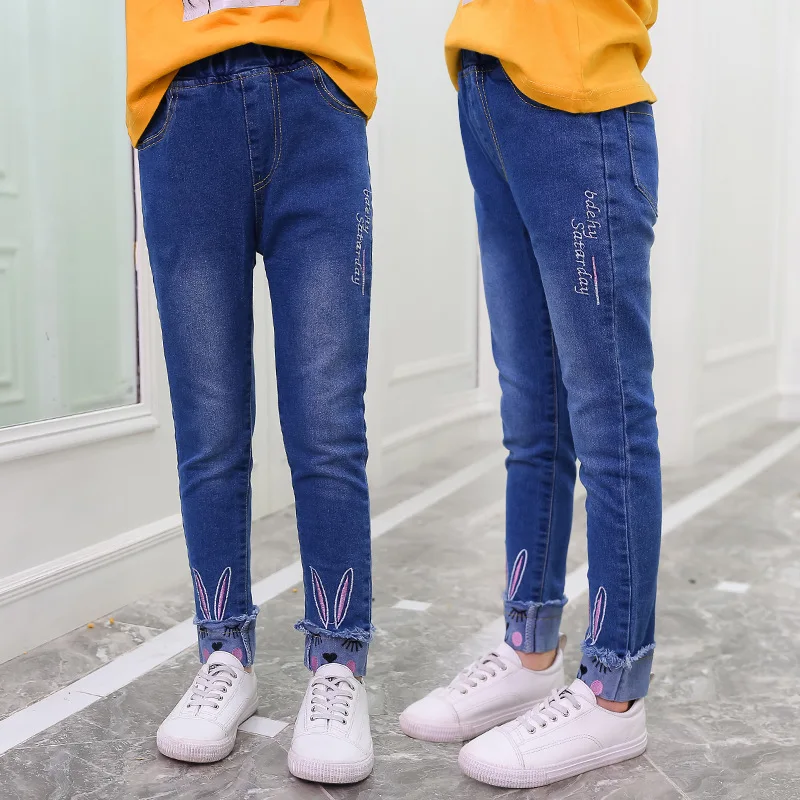 Girls'jeans детская одежда в мультипликационном стиле; джинсы c кроликами в весенне-Осенняя детская одежда джинсы для маленьких девочек От 3 до 12 лет