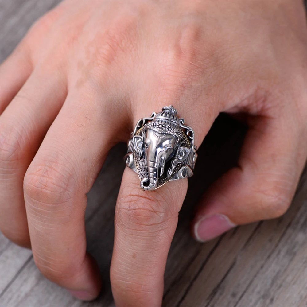 

MetJakt Real 925 Sterling Silver Ring & Hand Carved Wealth Elephant's Nose Ring for Men Vintage Punk Rock Thai Silver Jewelry