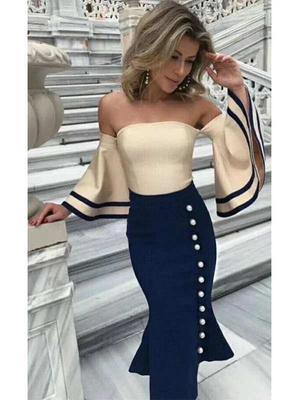 Женщины flare рукавом цвет блока без бретелек Сексуальная bodycon Бинт Эластичный
