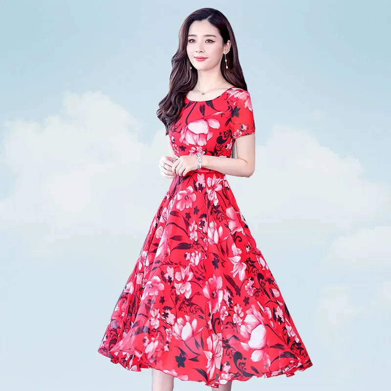 Women's Summer Dress 2019 New Printed Chiffon Dresses Slim Was Thin Bohemian Beach Female Round Neck Short Sleeve Vestidos G256 | Женская