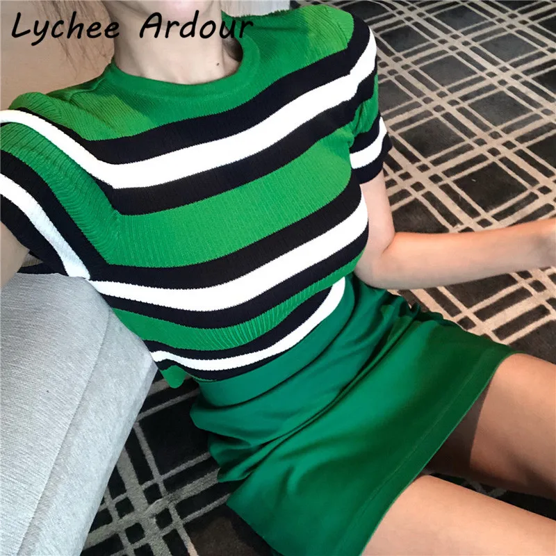 Lychee Ardour хит цветная полосатая трикотажная футболка зеленая юбка Женский