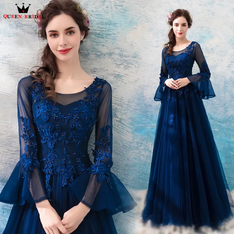 Темно-синий винтажные вечерние платья 2019 Мода а-силуэт длинный рукав тюль с