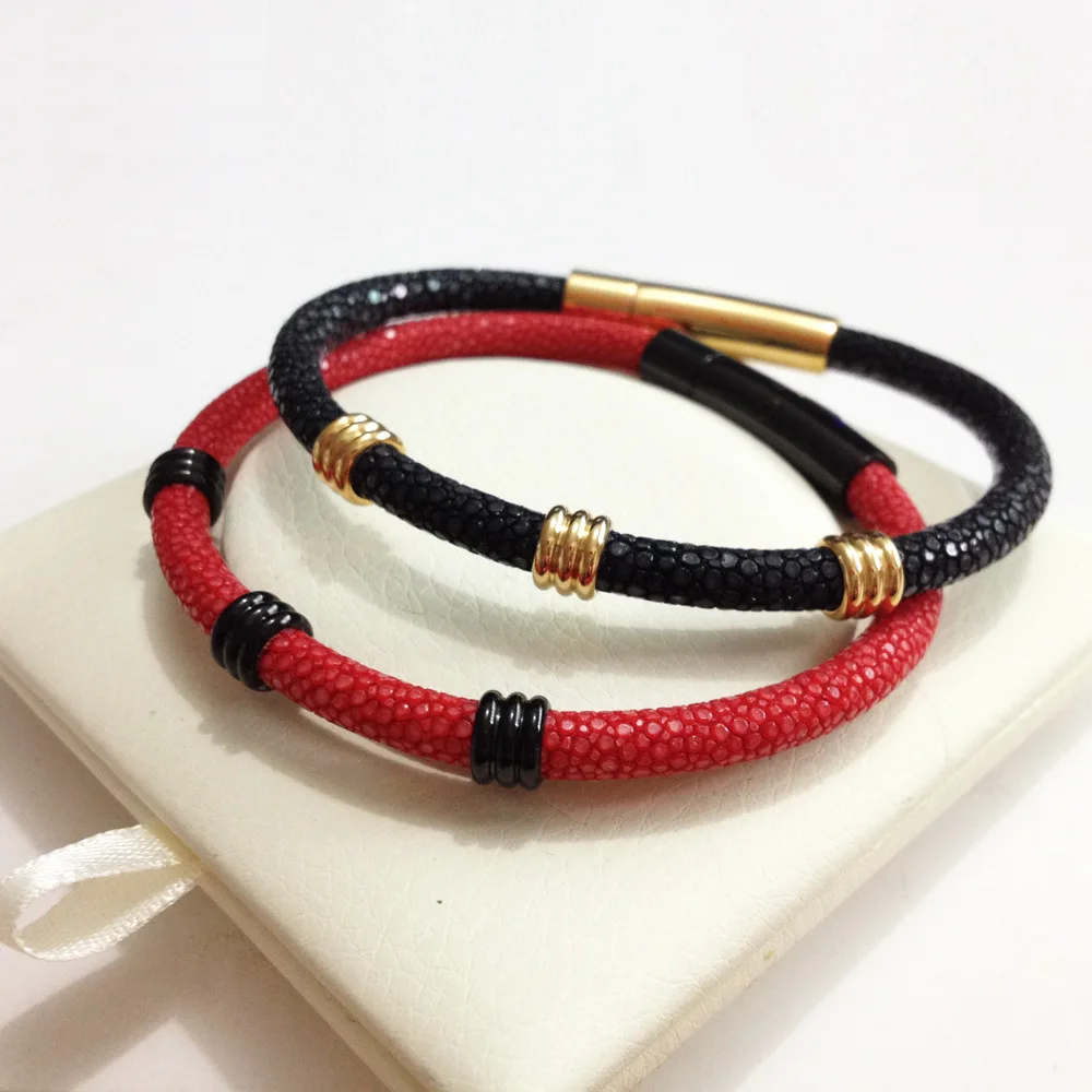 Модный черный настоящий Таиланд 5 мм кожаный браслет Stingray из полированной стали