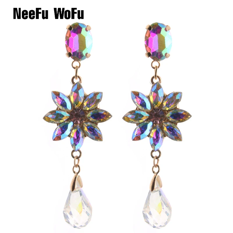 

NeeFu WoFu Drop Rhinestone Earring Crystal Flowers Big Earring Dangle Zinc alloy Large Long Brinco Ear Oorbellen