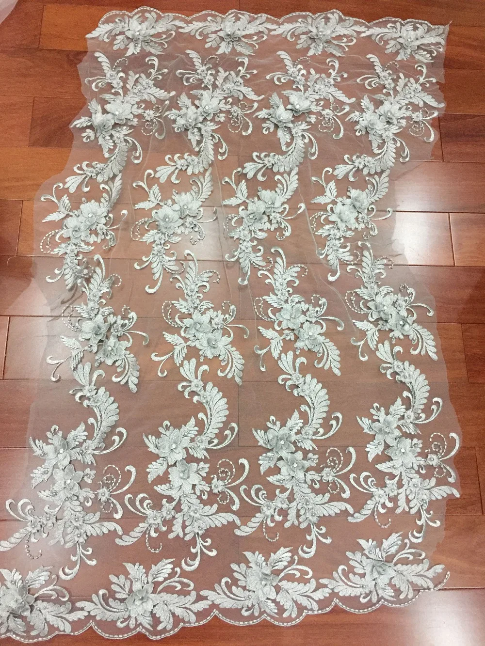 

1 yard Delicate 3D Rhinestone Beaded Flower Lace Blossom in Grey , 3D Flower Soft Drape Lace For Prom Dress Evening Gown