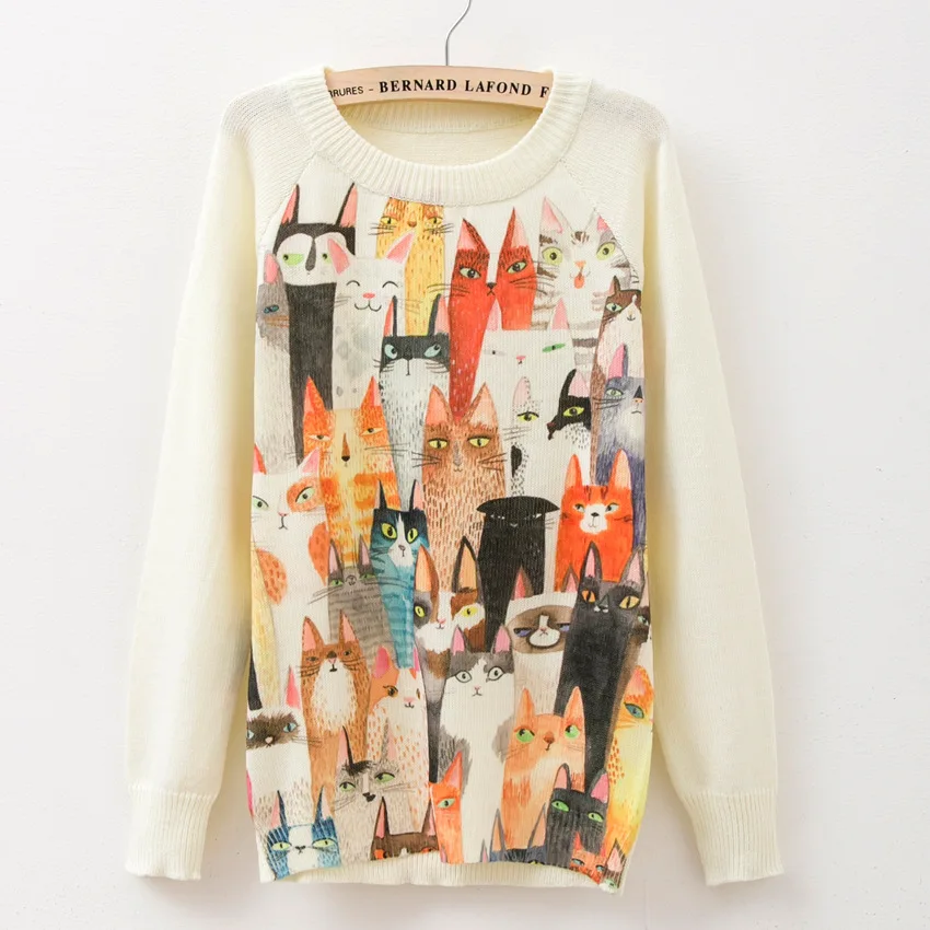 Новинка 2016 женские свитера с рисунком котов длинными рукавами и круглым вырезом
