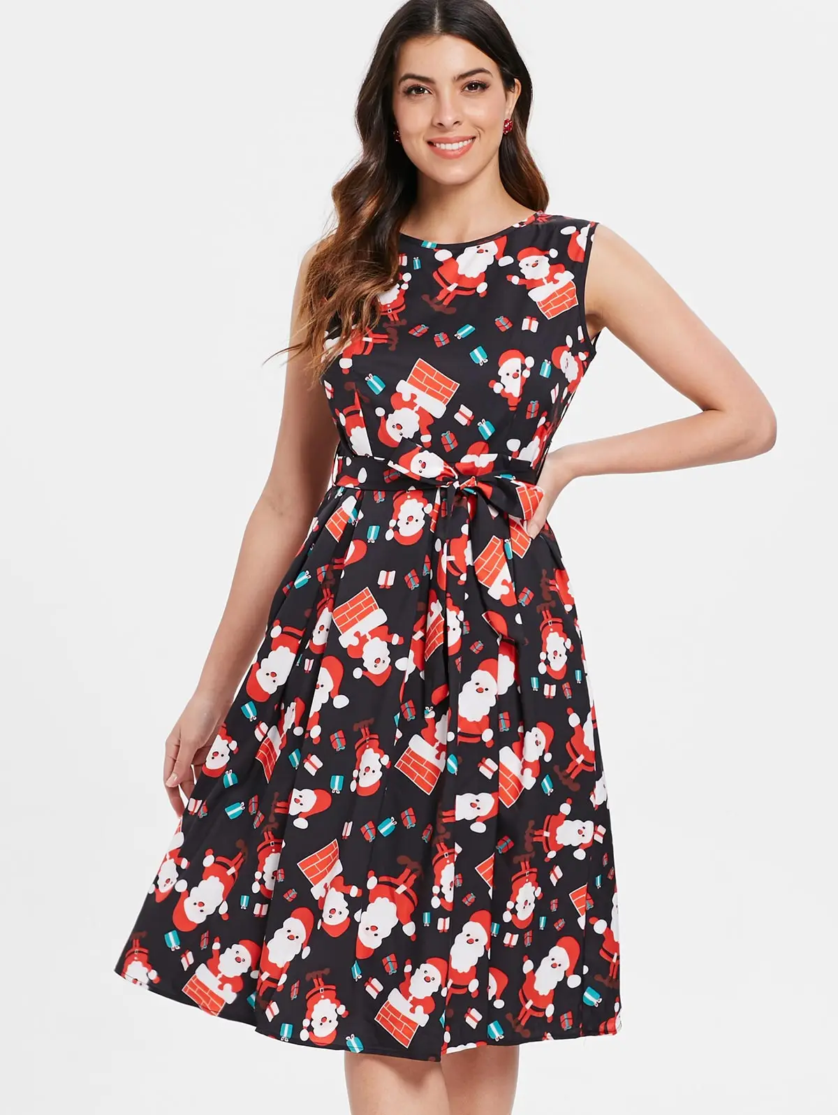 Женское платье миди VESTLINDA рождественское с поясом и принтом Санта Клауса без