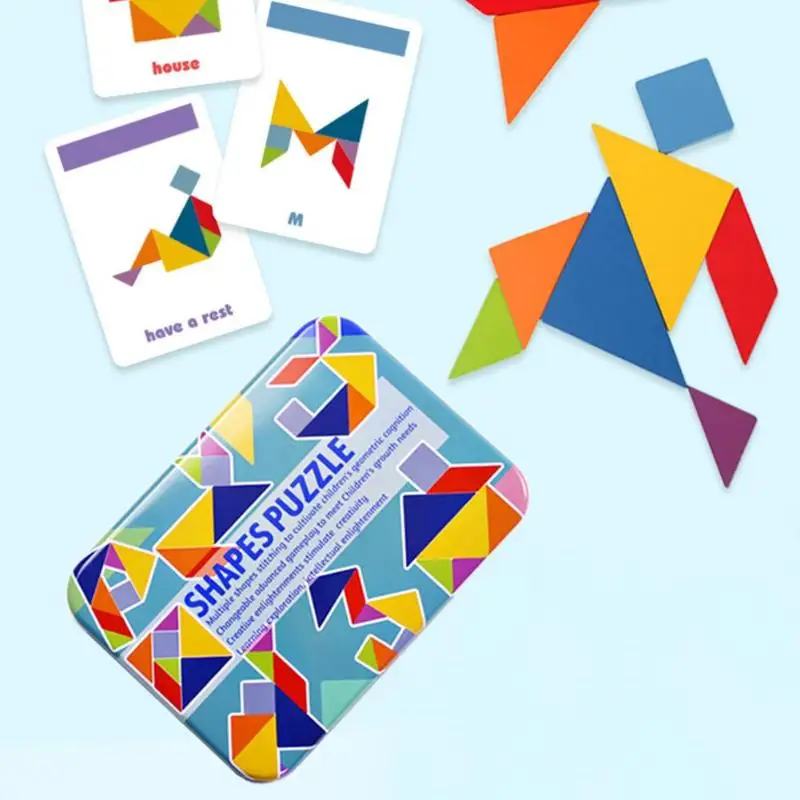 Wooden Variable Tangram Jigsaw Toys Chiladen Early Education Puzzle Toy with cards train children's hand-eye coordinatio