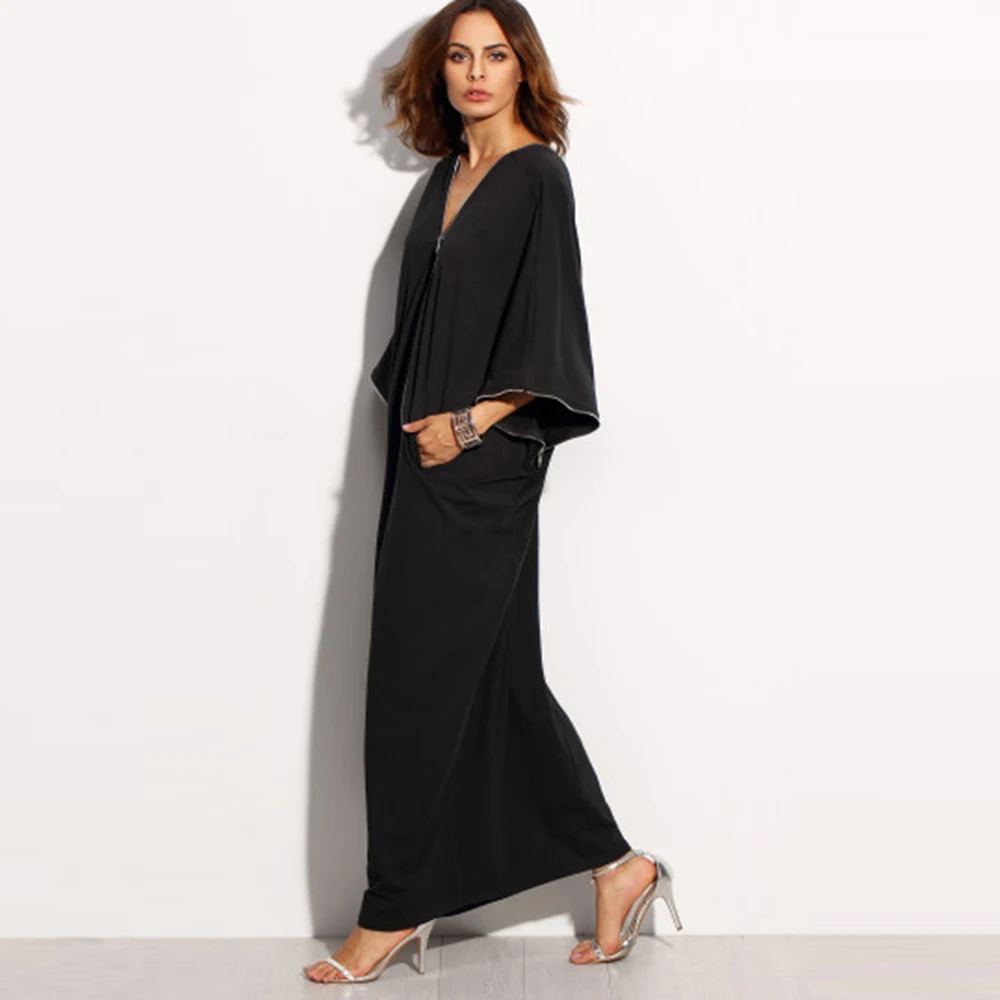 SHEINNET Новая Мода Sexy Двухместный Глубокий V Шеи Макси Dress Сплошной Черный
