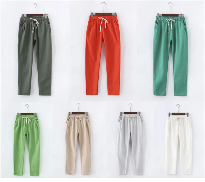 Летние штаны на шнуровке, женские спортивные штаны, Pantalon Femme, яркие цвета, хлопковые льняные штаны-шаровары, повседневные женские брюки размера плюс, C5212