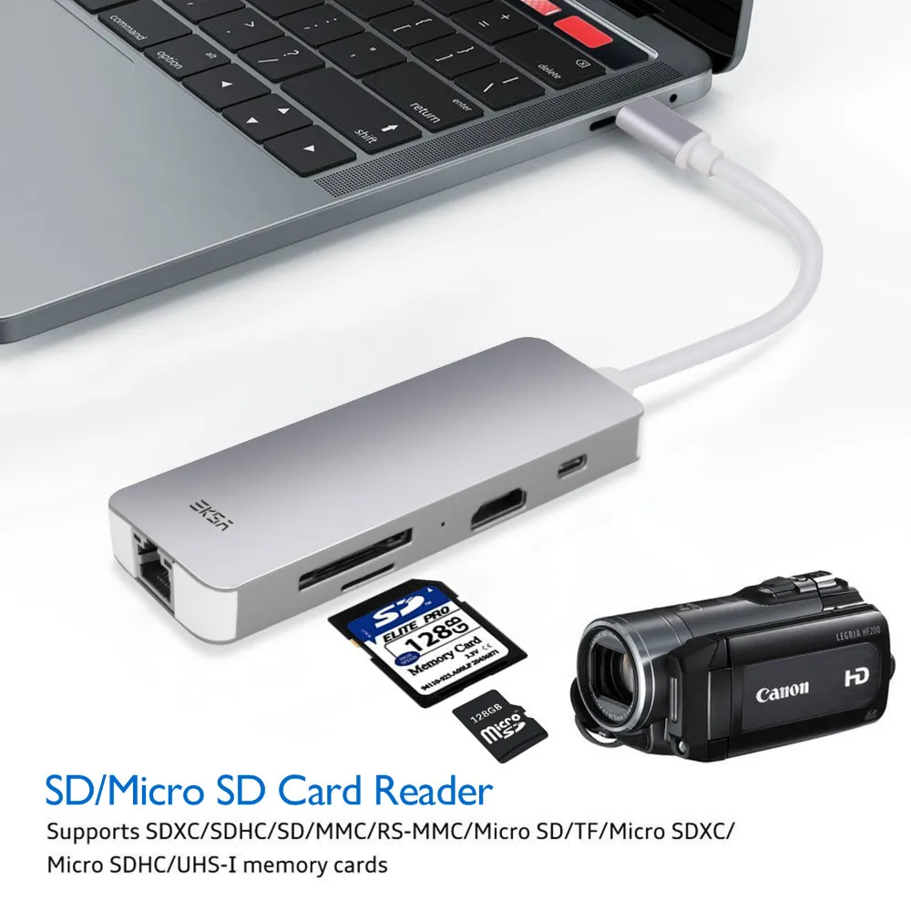 EKSA USB C USB-C концентратор с питанием типа C концентратор 4K HDMI SD/TF кард-ридер RJ45 USB 3,0 концентратор для MacBook Pro huawei P20 Pro