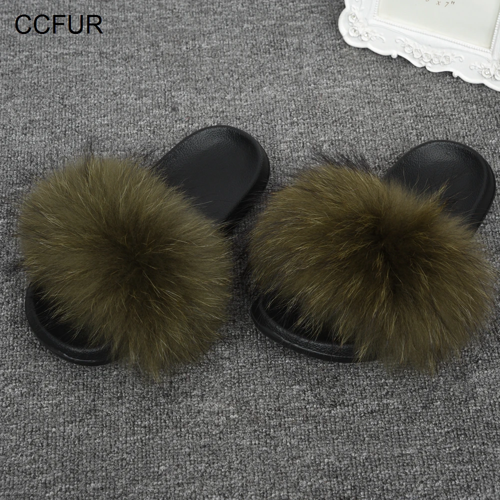 CCFUR Racoon/меховые тапочки; женские шлепанцы с натуральным мехом; модные домашние шлепанцы с пушистым мехом; много цветов; S6045E