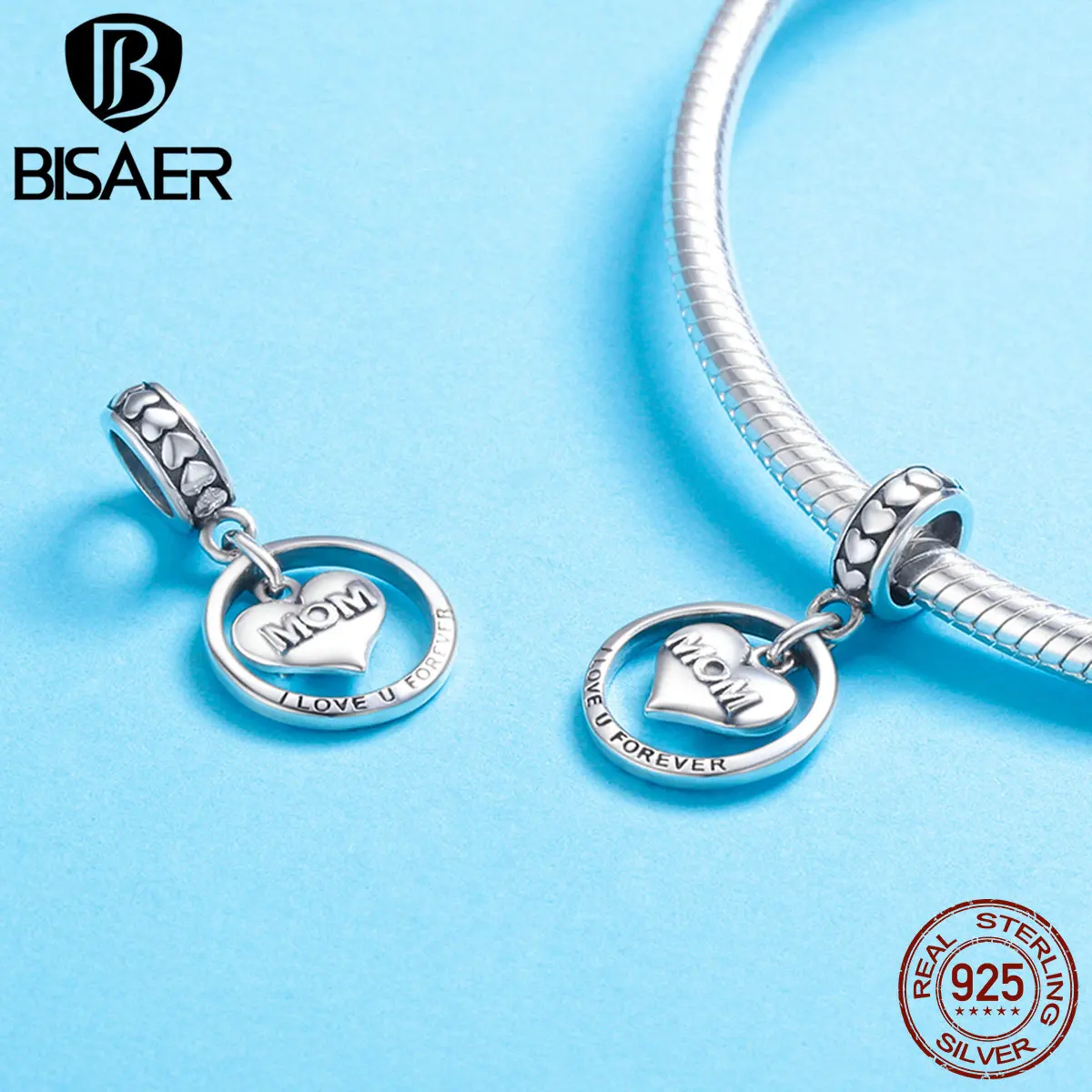 Бисаер 925 пробы серебряный шарм Love you Forever подарок маме сердце Висячие Бусы