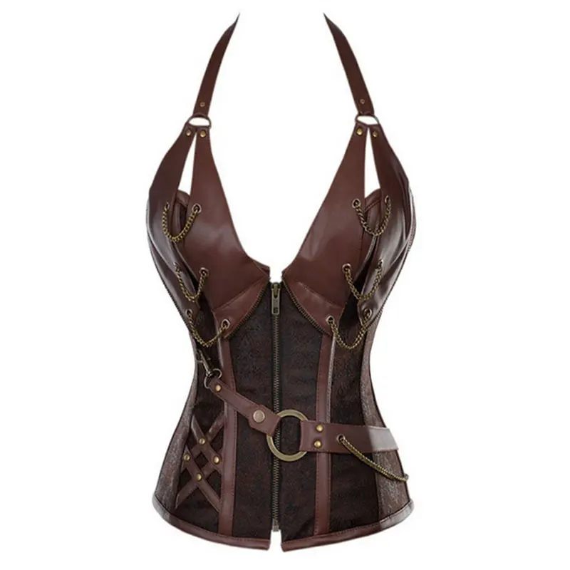 Коричневый Comeondear Корсет Топ Vetement Femme Gothique Burlesque костюмы AB2231 Винтаж Плюс Размер Холтер Мода Ropa стимпанк Mujer - Цвет: Коричневый