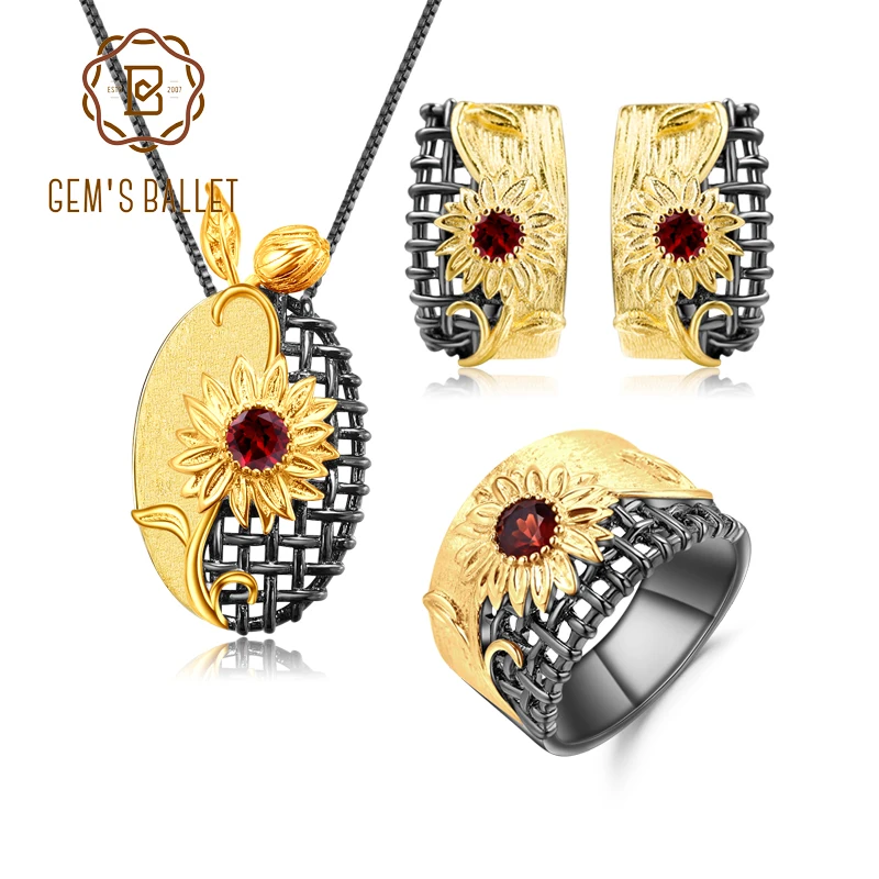 GEM'S балетный 925 пробы, серебряный, винтажный, подсолнечник, ювелирный набор, 1.07Ct, натуральный красный гранат, кольцо, серьги, кулон, наборы для женщин