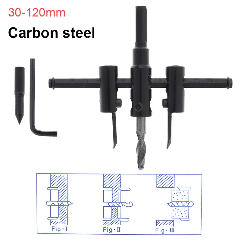 30-120mmCarbon steel Сплав Регулируемый Круг отверстие резак набор с деревянным отверстием пила Металл сверло резак 30 мм-200 мм сверло инструменты для деревообработки - Цвет: 30-120mmCarbon steel