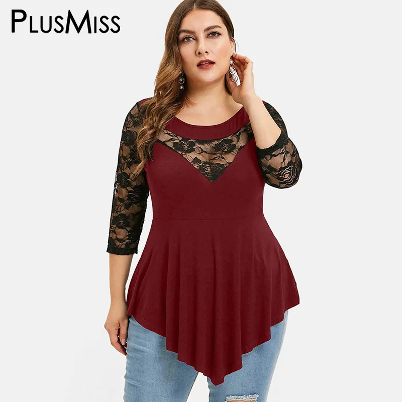 PlusMiss размера плюс 5XL сзади и цветочными кружевами сексуальная женская блузка