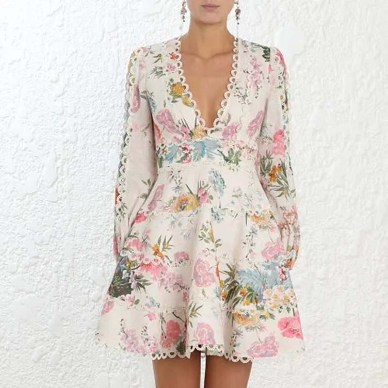 Женское платье с цветочным принтом и V образным вырезом длинным рукавом|Женские