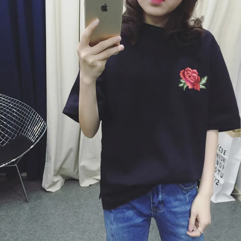 2018 Летний стиль Для женщин футболка цветок розы Вышивка забавные Повседневное