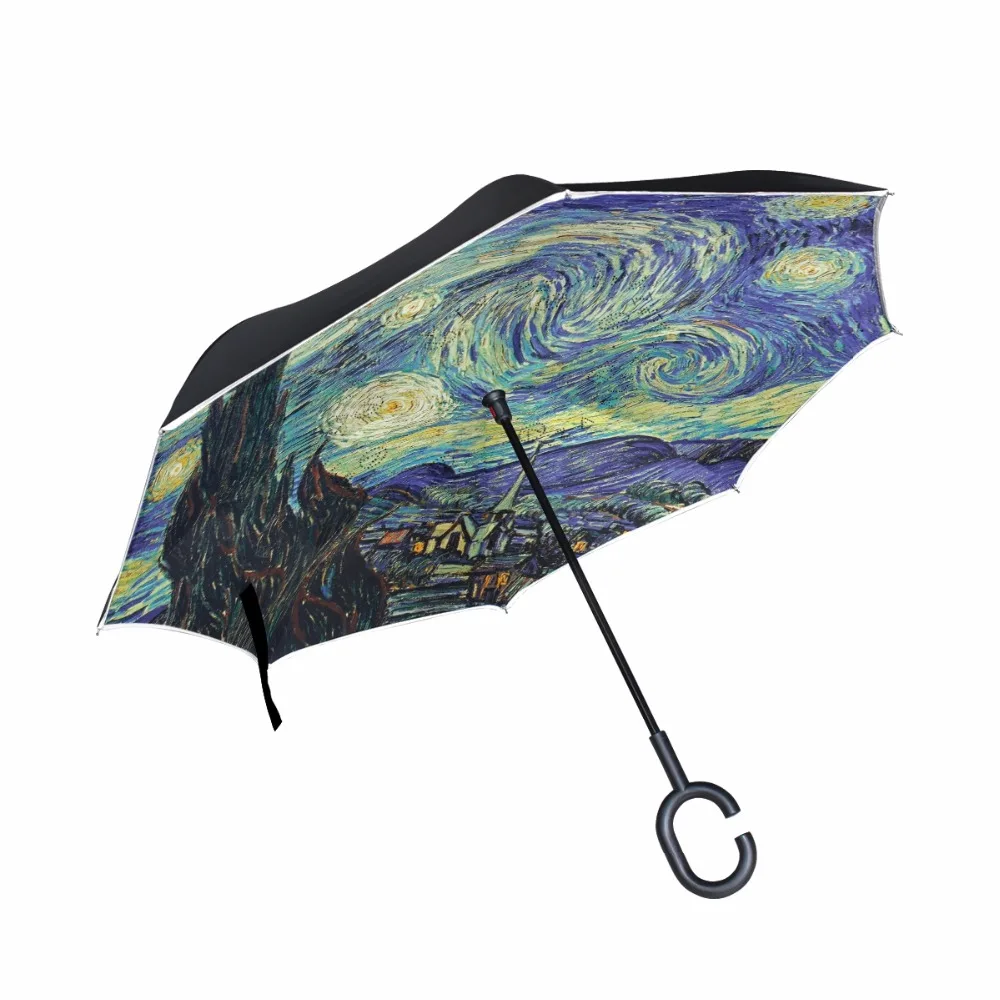 Ван Гог Звездная ночь обратный зонтик двойной слой перевернутый дождя женщин - Фото №1