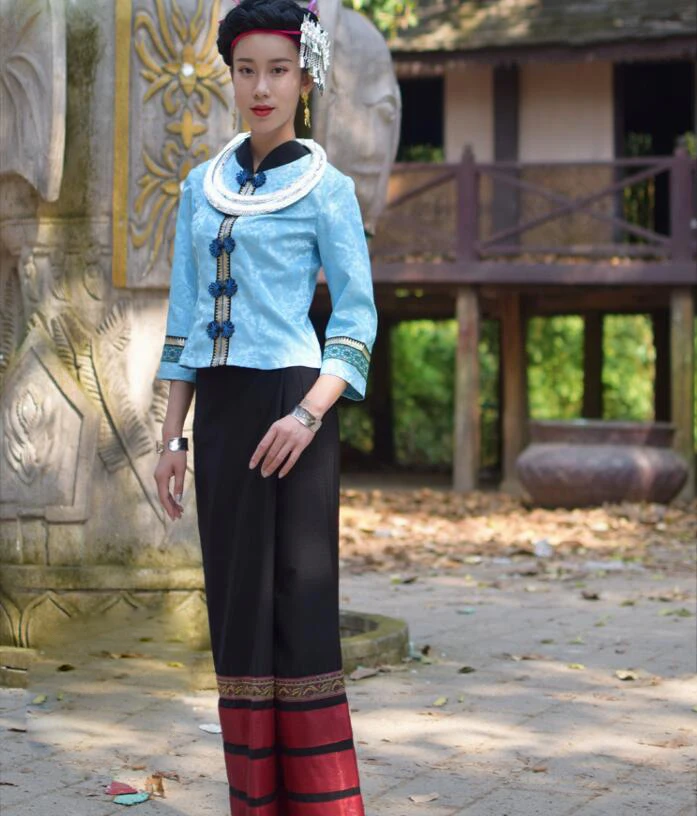Летняя одежда YunNan Dehong традиционные приталенные синие женские костюмы Дай куртка